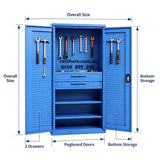 Heavy‑Duty Blue Steel Tool Cabinet Double Pegboard Doors with 2 Drawers Lockable Garage Workshop Storage Locker