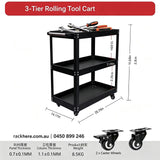 3‑Tier Black Light‑Duty Tool Cart with Silent Brake Wheels, Workshop Garage Storage Trolley