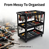 Heavy‑Duty 3 Tier Black Mobile Tool Cart 81.8KG | Quiet Lockable Casters Workshop Storage Organiser Trolley