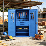 Heavy‑Duty Blue Steel Tool Cabinet Double Pegboard Doors with 2 Drawers Lockable Garage Workshop Storage Locker
