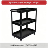Heavy‑Duty 3 Tier Black Mobile Tool Cart 81.8KG | Quiet Lockable Casters Workshop Storage Organiser Trolley