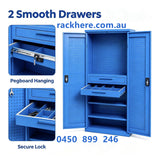 Heavy‑Duty Blue Steel Tool Cabinet Double Pegboard Doors with 2 Drawers Lockable Garage Workshop Storage Locker