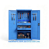 Heavy‑Duty Blue Steel Tool Cabinet Double Pegboard Doors with 2 Drawers Lockable Garage Workshop Storage Locker