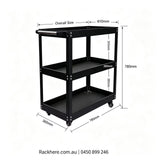 Heavy‑Duty 3 Tier Black Mobile Tool Cart 81.8KG | Quiet Lockable Casters Workshop Storage Organiser Trolley